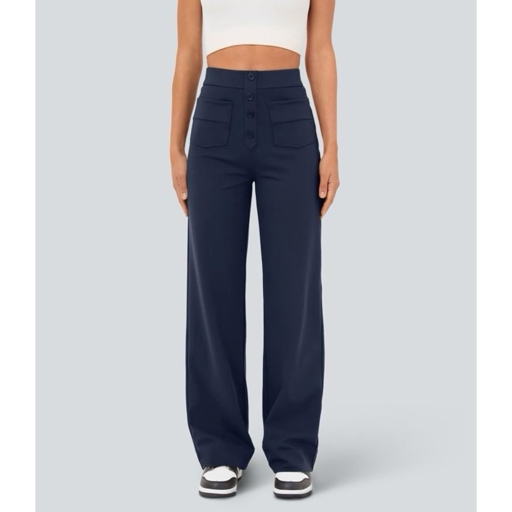 Halara XS Petite Wide Leg High Waist Navy Stretch Pants Button Front NWT - Picture 12 of 16